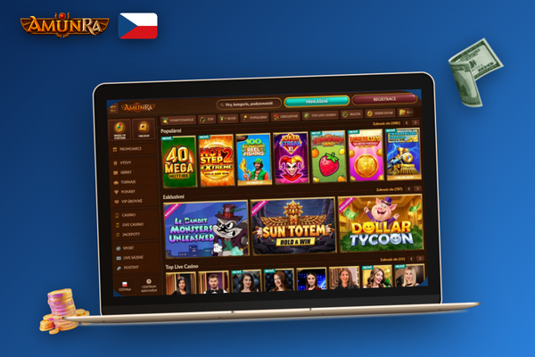 Dialog antivirového softwaru vedle loga AmunRa Casino potvrzuje bezpečné stažení na PC