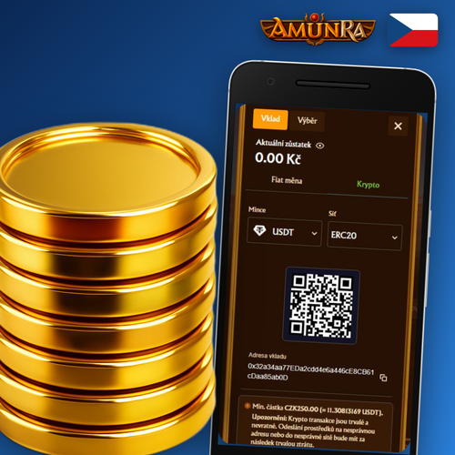 AmunRa Casino výběr peněz – stylizované mince CZK a ikona peněženky na zlatém egyptském pozadí